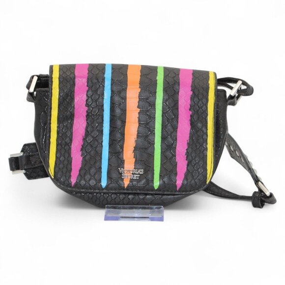 Victorias Secret Colorful Stripe Black Faux Crocodile Crossbody With Studded Str - Picture 4 of 7